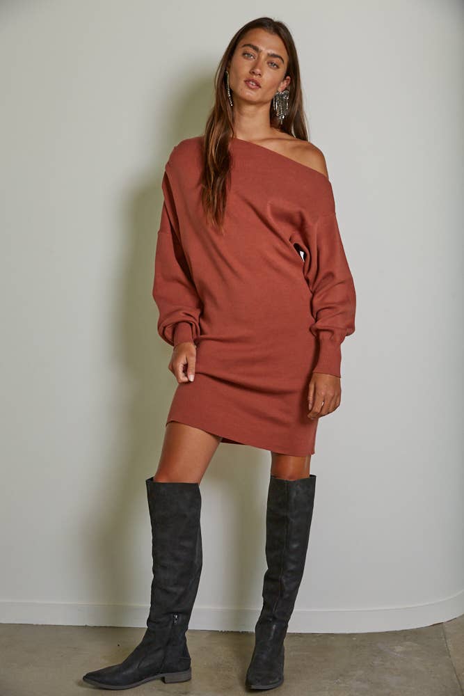 By Together | Knit Sweater One Side Off The Shoulder Mini Dress