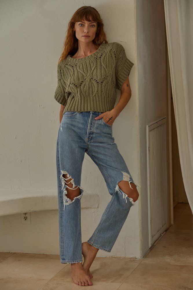 By Together | Knit Sweater Crochet Round Neck Short Sleeve Top