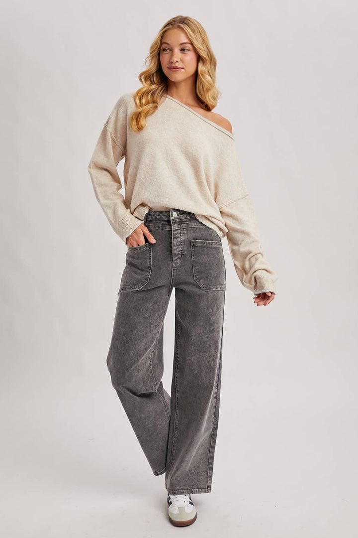Bluivy | Boat Neck Rolled Trim Soft Heathered Knit Pullover