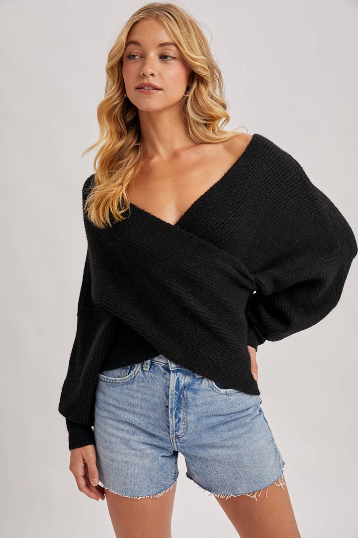 Bluivy | Wrap Crossover Ribbed Fuzzy Knit Sweater