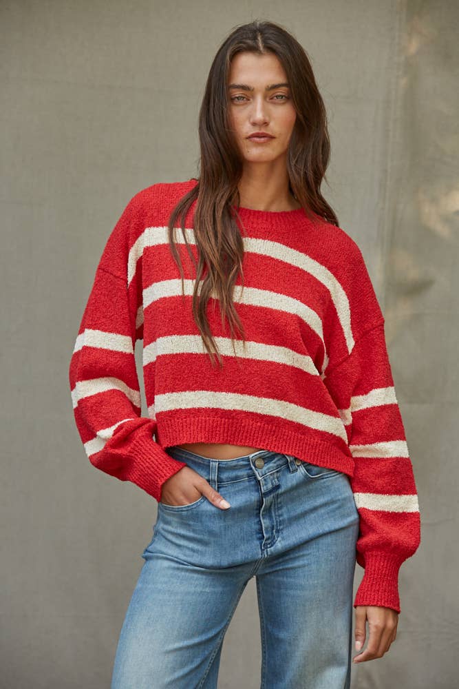 By Together  | Knit Sweater Striped Crewneck Long Sleeve Top